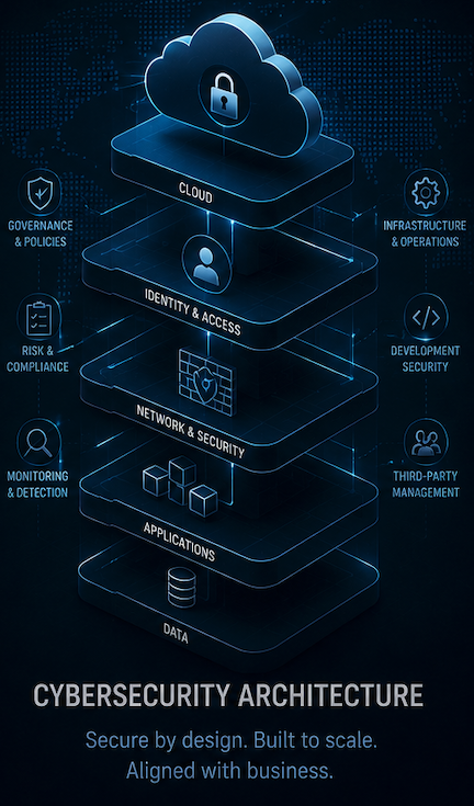 Layered architecture diagram stacking cloud, identity and access, network and security, applications, and data, surrounded by supporting security disciplines