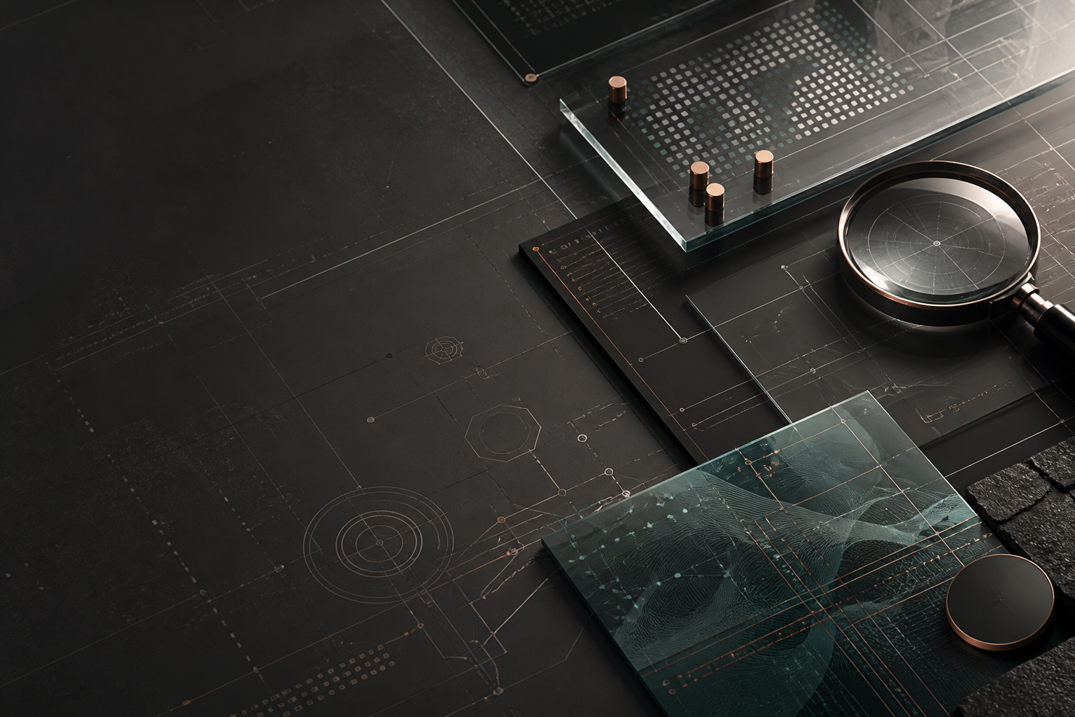 Security lab workbench with etched glass panels, circuit-like schematics, and a magnifying glass, representing careful technical examination